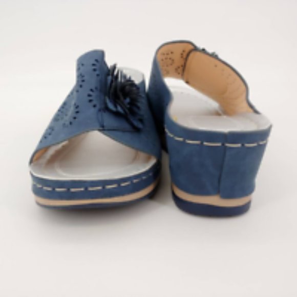 Yasirun Womens Slide Sandals Blue Floral Applique Wedge Heels Slip Ons 41 New - Picture 3 of 9
